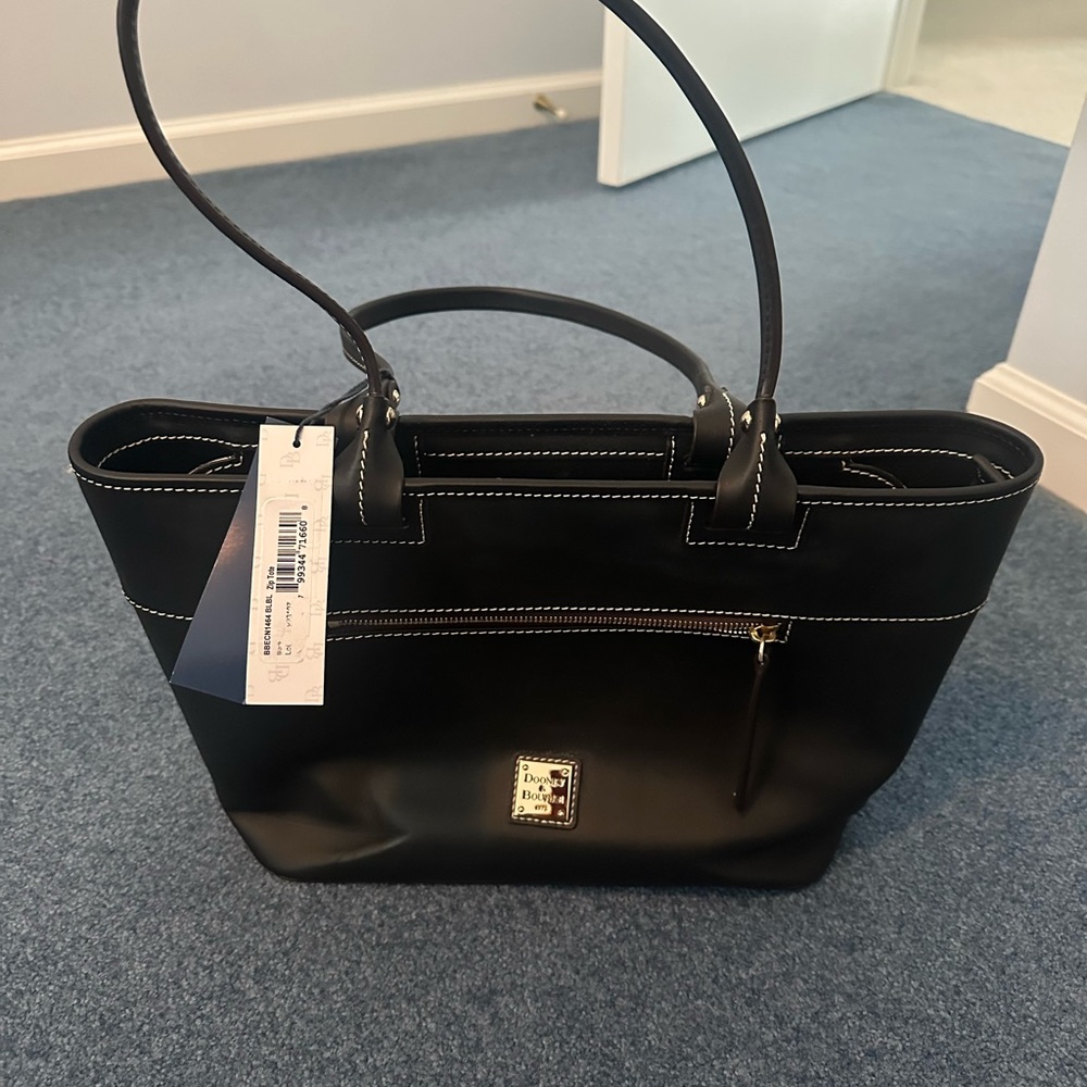 Dooney & Bourke Black Leather Tote with White Stitching